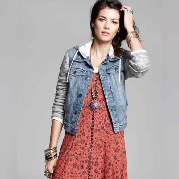 FREE PEOPLE Knit Sweatshirt Hooded Denim Jacket - Picture 2 of 12